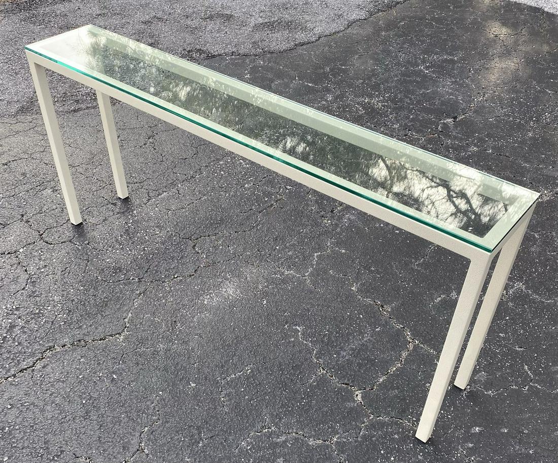 CONTEMPORARY CONSOLE TABLE: SLENDER DESIGN WITH TEXTURE-FINISHED METAL FRAME AND THICK GLASS TOP. 72"X12"X32"