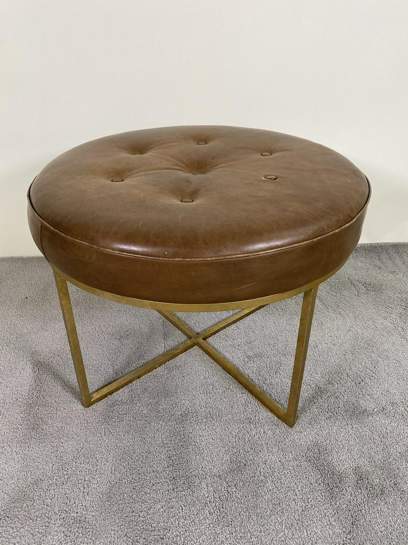 JONATHAN ADLER "JONATHAN" STOOL: LOOSE BUTTON, LIGHT WEAR. 24"DIA., 18"