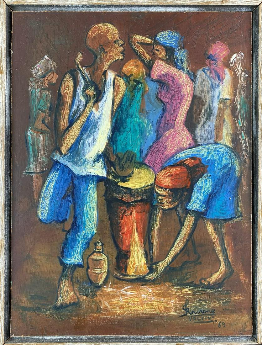 FRAVANGE VALCEIN (HAITI, 20TH C.) PAINTING: VOODOO CELEBRATION, MIXED MEDIA ON BOARD, SIGNED, DATED 1969. FRAMED, 13"X17"