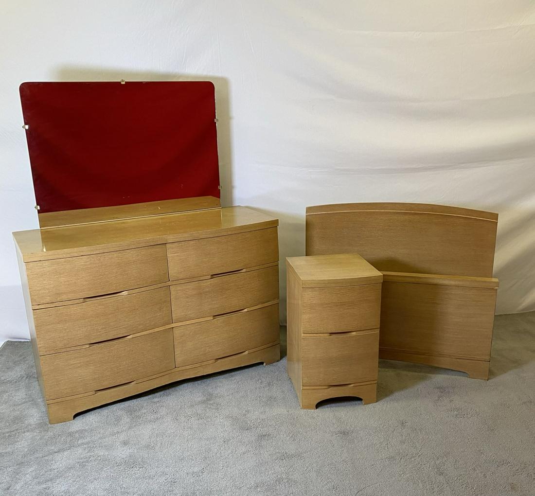 MID-CENTURY SUITE OF BEDROOM FURNITURE: INCLUDES DOUBLE DRESSER WITH MIRROR, BED-SIDE CABINET AND TWIN HEADBOARD WITH FOOTBOARD. UNSIGNED. GOOD VINTAGE CONDITION. DRESSER IS 50"X20"X24". STAND IS 15"X16"X27"