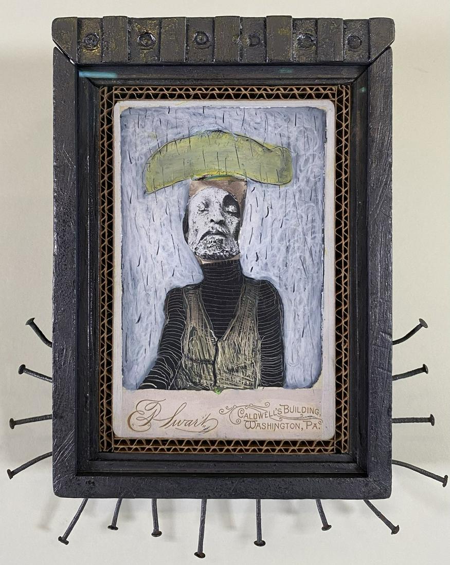 BRIAN HAVERLOCK FOLK ART: THE GIVER". PHOTO COLLAGE, GRAPHITE AND CRAYON ON CABINET CARD IN ARTIST'S FRAME ACCENTED WITH NAILS. 6"X9