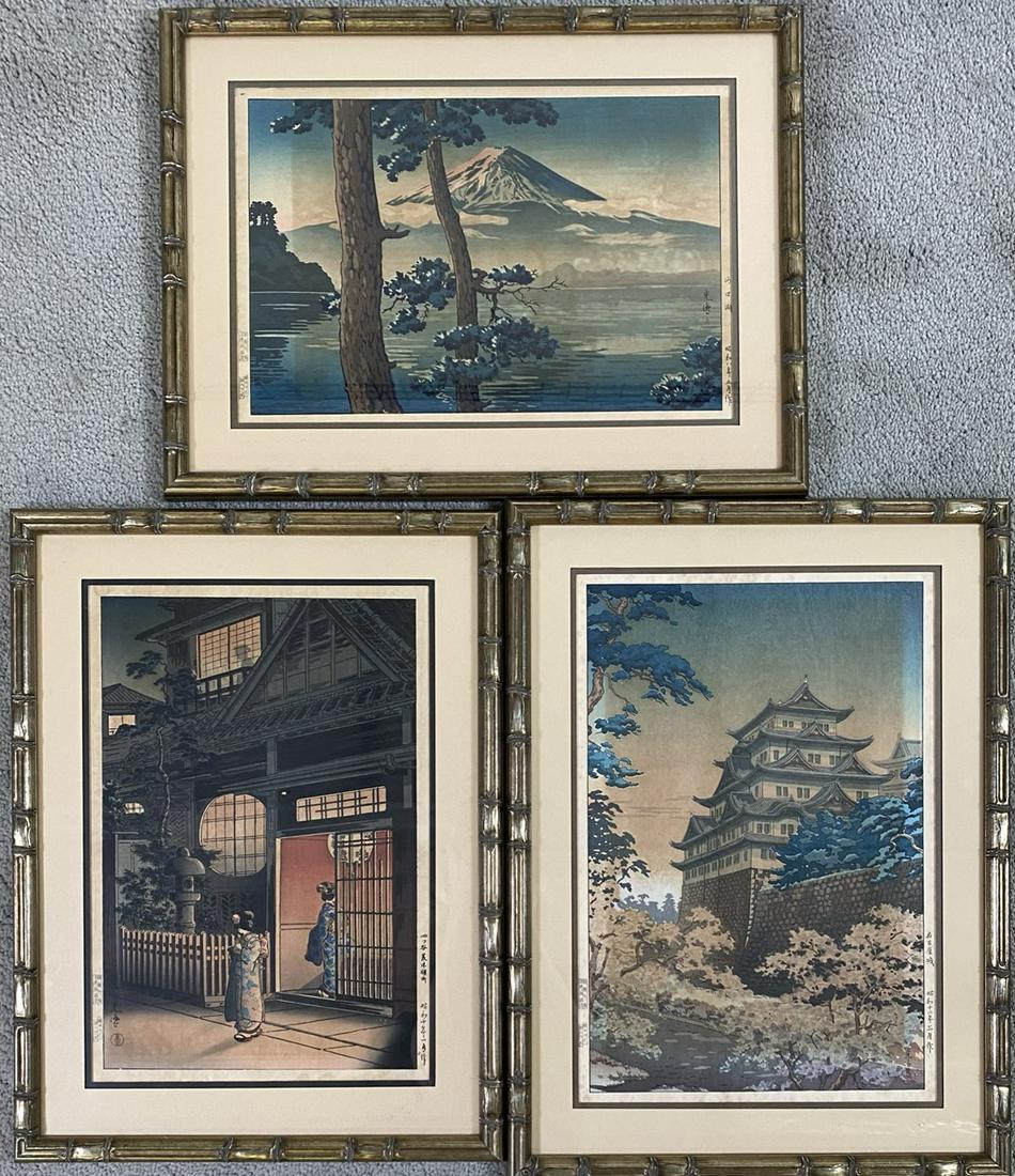 TSUCHIYA KOITSU WOODBLOCK PRINTS: SEAL AND SIGNATURE. LOT OF 3. APPROX. 15"X20"