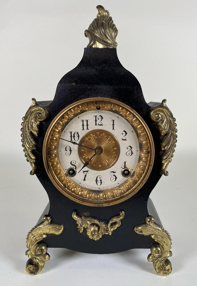 ANSONIA MANTEL CLOCK: GILT EMBELLISHED METAL CASE. WORKING AT TIME OF SALE. 14"