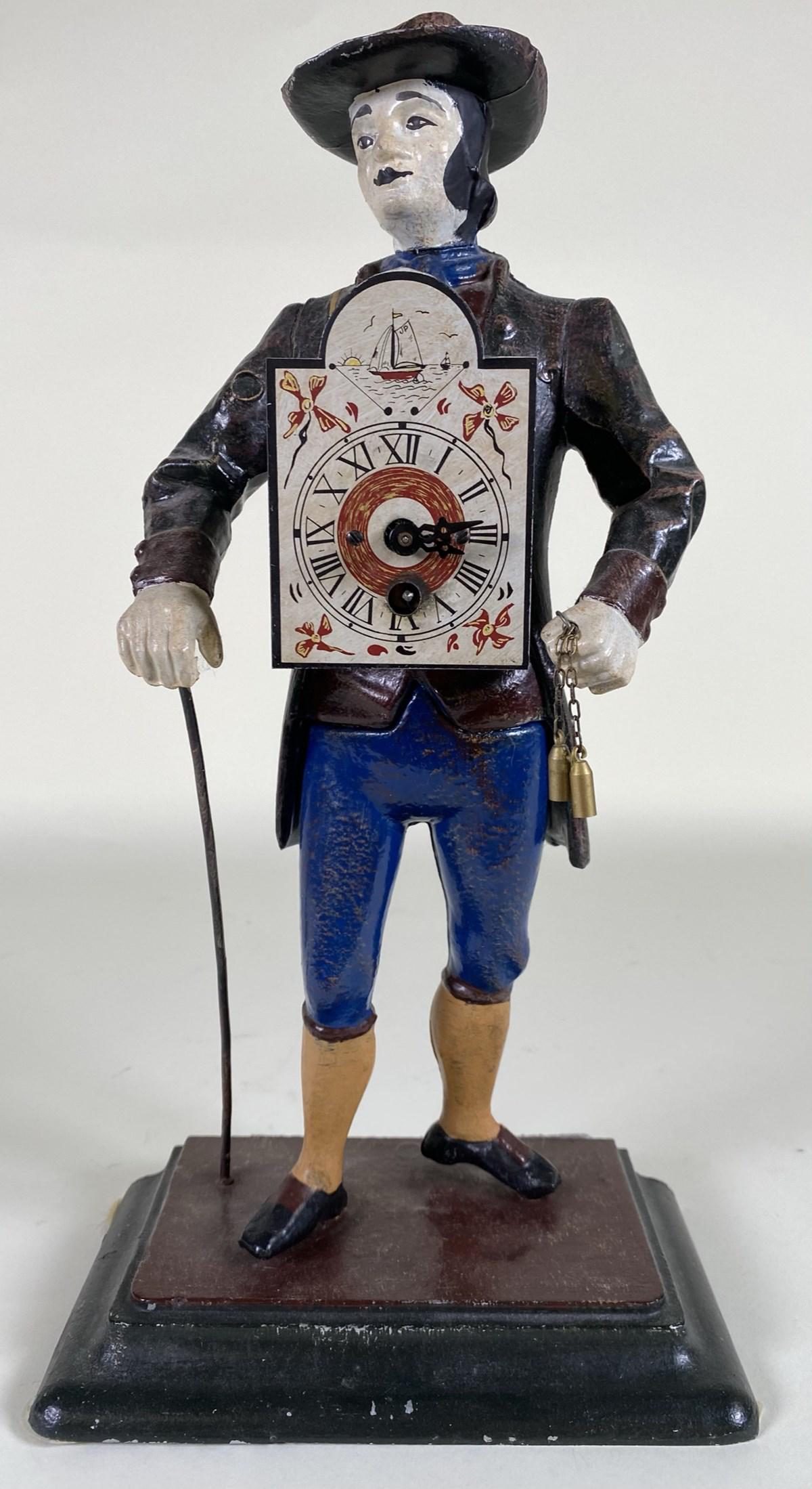 FIGURAL MANTEL CLOCK: NO KEY. CAST METAL HOUSING. NO KEY. 15"H
