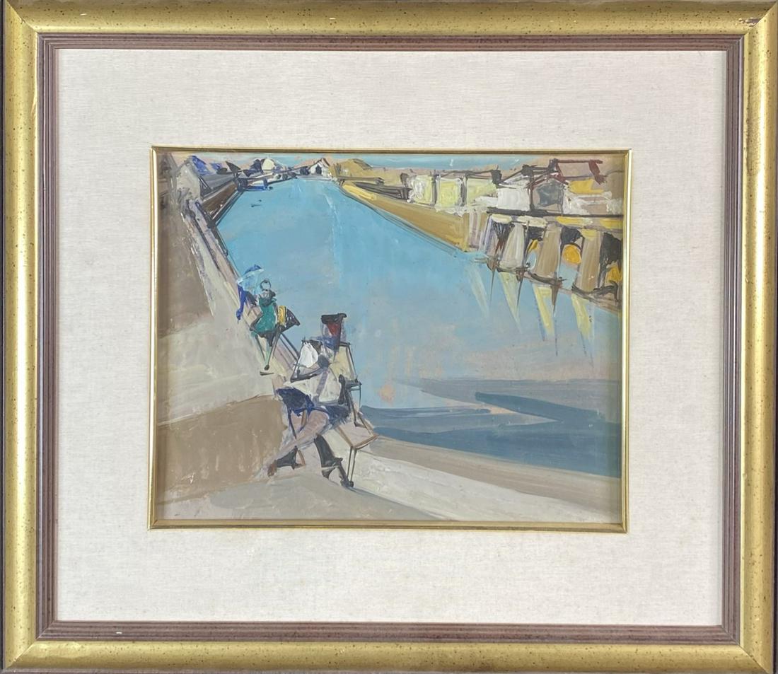 JACQUE DESPIERE (FRENCH, 1912–1995) PAINTING: ABSTRACT WITH FIGURES, SIGNED ON VERSO. FRAMED 16"X17.5"