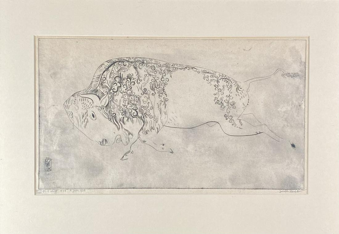 JOSEPH HECHT (EUROPE, 1891-1928) ENGRAVING: BISON", SIGNED ENGRAVING. FRAMED, 15"X21