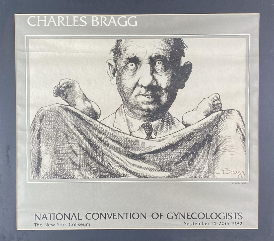 CHARLES BRAGG ART POSTER: FOR THE GYNECOLOGIST CONVENTION, N.Y. COLOSSEUM, 1982. FRAMED, 19"X21"
