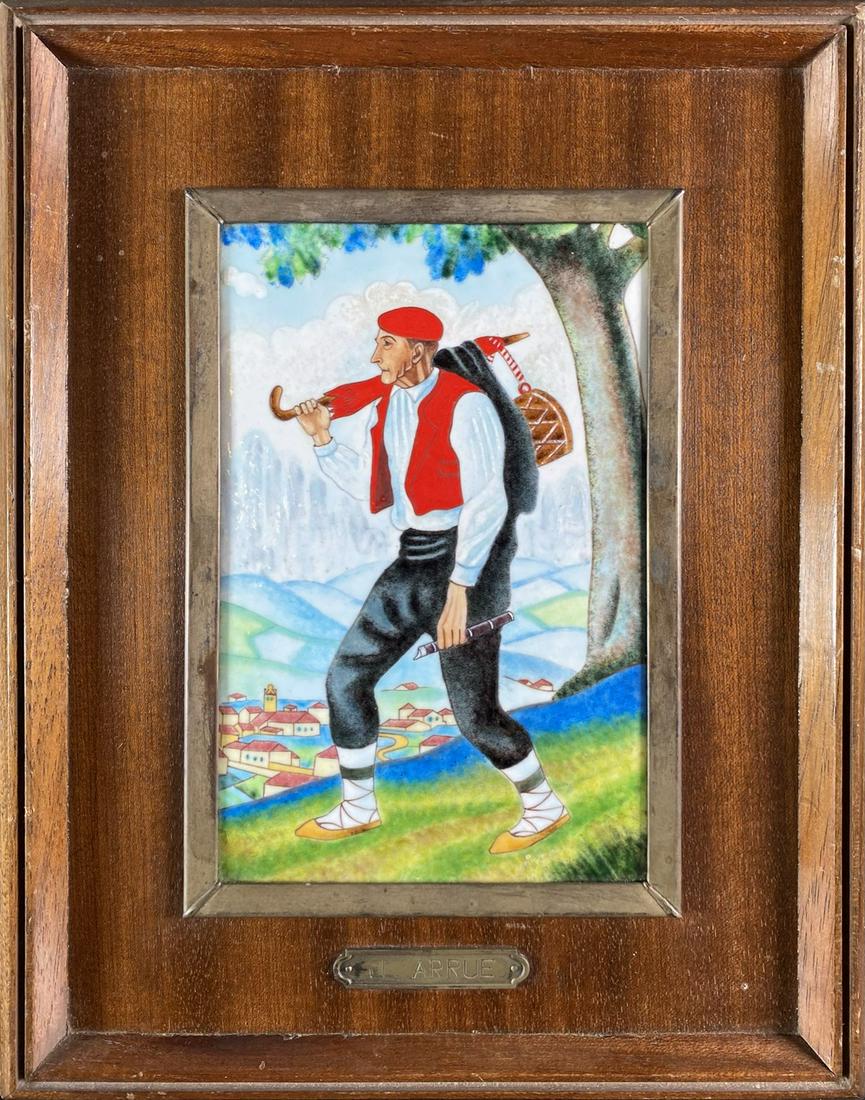 ENAMEL ON COPPER FRAMED ART: DEPICTING TRAVELING MUSICIAN WITH FLUTE AND DRUM. FRAMED, 10"X13"