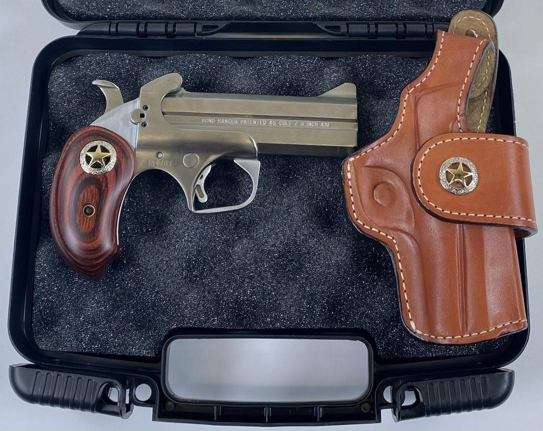 BOND RANGER PISTOL: 45 COLT/3" .410 COMBO. RUSTIC WITH HOLSTER AND CASE. AS NEW. NO SHIPPING TO CALIFORNIA OR NEW YORK. CHECK PAYMENT ONLY.