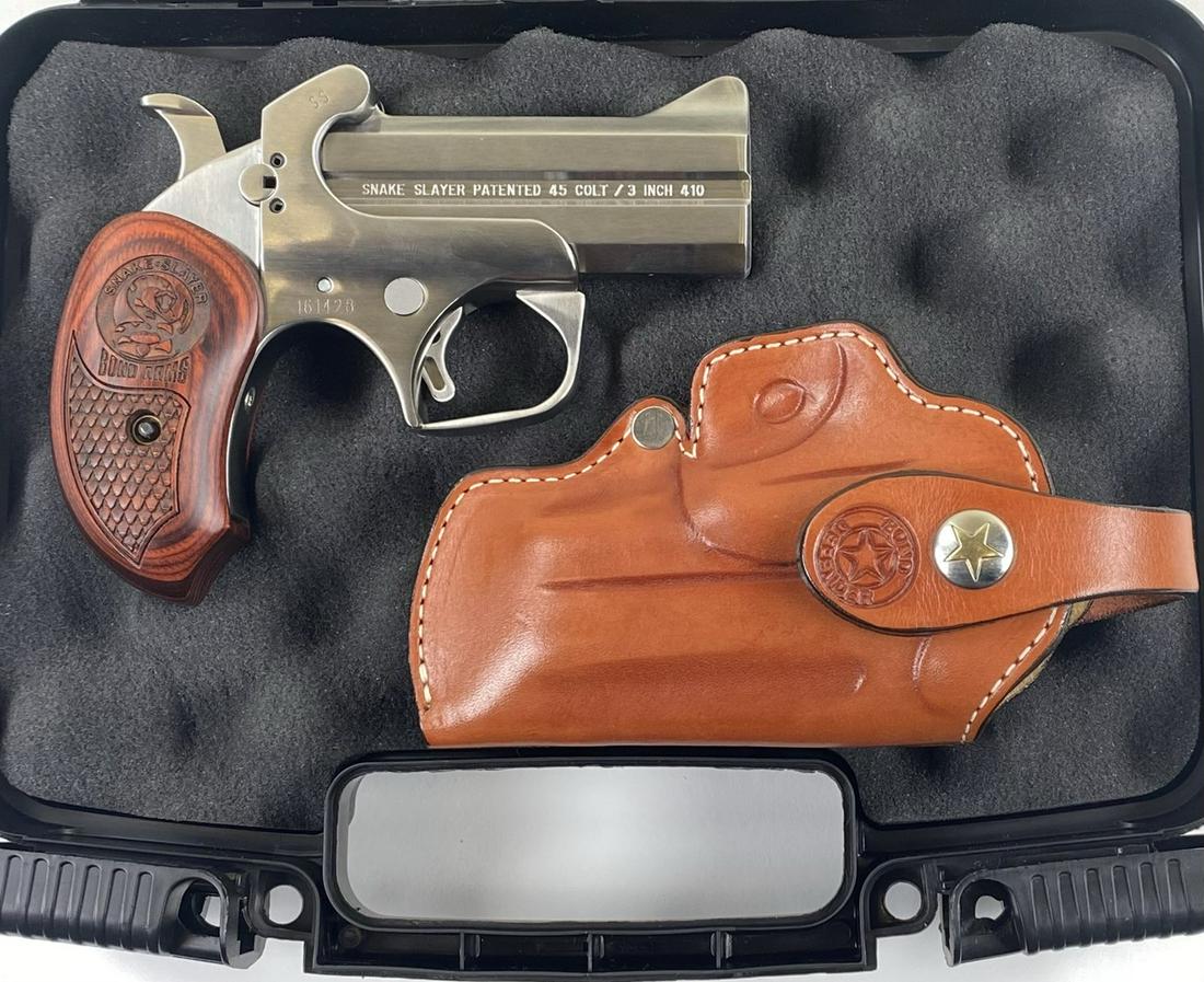BOND SNAKE SLAYER PISTOL: 45 COLT/3" .410 COMBO. RUSTIC WITH HOLSTER AND CASE. AS NEW. NO SHIPPING TO CALIFORNIA OR NEW YORK. CHECK PAYMENT ONLY.