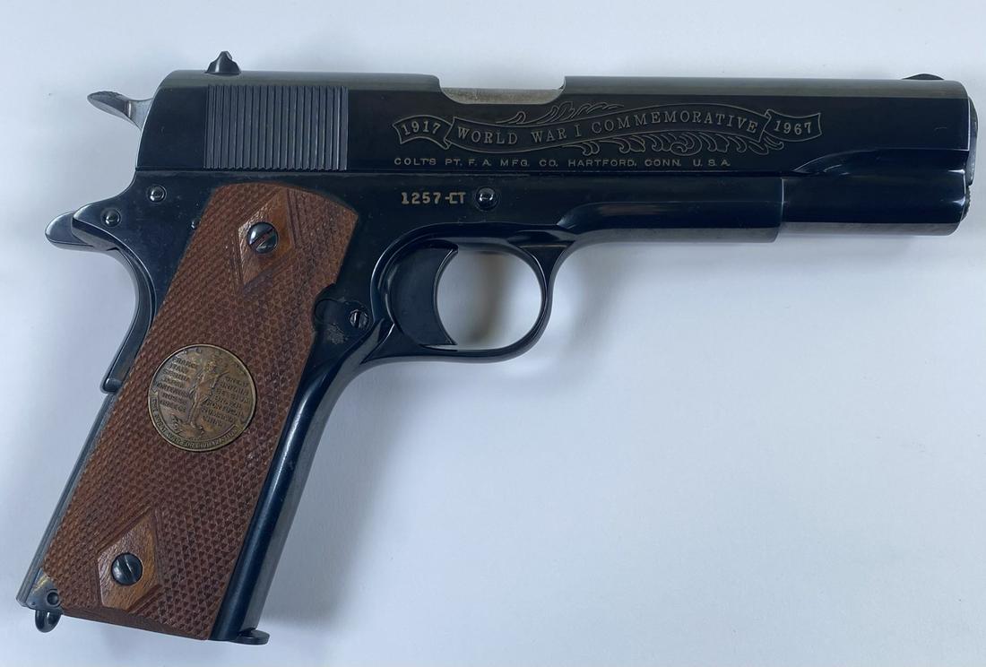 COLT WWI COMMEMORATIVE M1911 PISTOL: 45 AUTO. CHATEAU THIERRY COMMEMORATIVE. MODEL 1257-CT. EXCELLENT CONDITION. NO SHIPPING TO CALIFORNIA OR NEW YORK. CHECK PAYMENT ONLY.