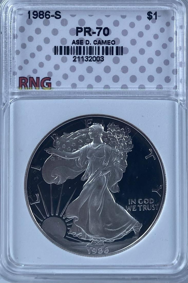 1986 AMERICAN SILVER EAGLE PROOF: PR70 DCAM BY RNG