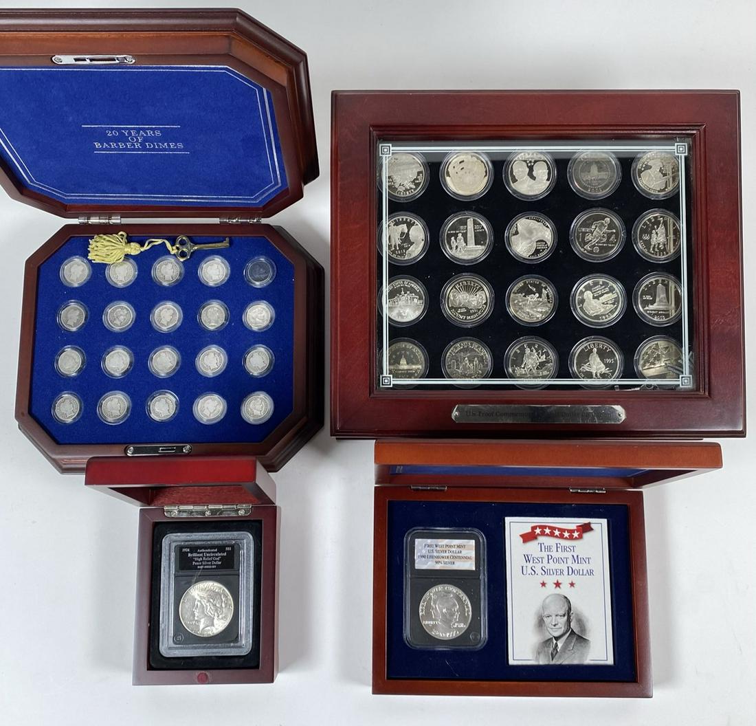 COLLECTION OF U.S. COINS PRESENTATION: 1926 UNCIRCULATED PEACE DOLLAR, 20 YEARS OF BARBER DIMES, FIRST WEST POINT MINT SILVER DOLLAR, MODERN COMMEMORATIVE COIN GROUP. ALL IN NICE PRESENTATION BOXES