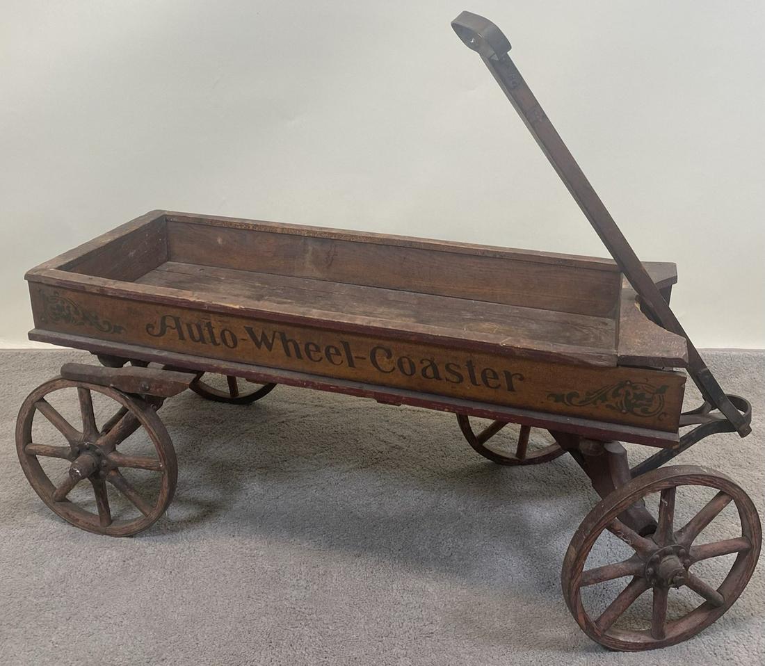AUTO WHEEL COASTER WAGON: A NICE EXAMPLE WITH WOODEN STEEL-BANDED WHEELS, GRAPHICS.