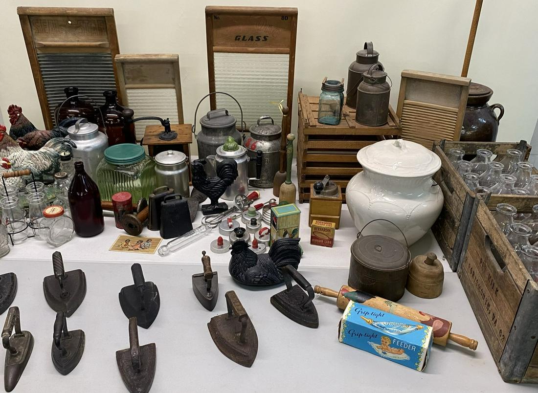 LARGE LOT OF PRIMITIVES: SADIRONS, BAKING, MILK BOTTLES, STONEWARE