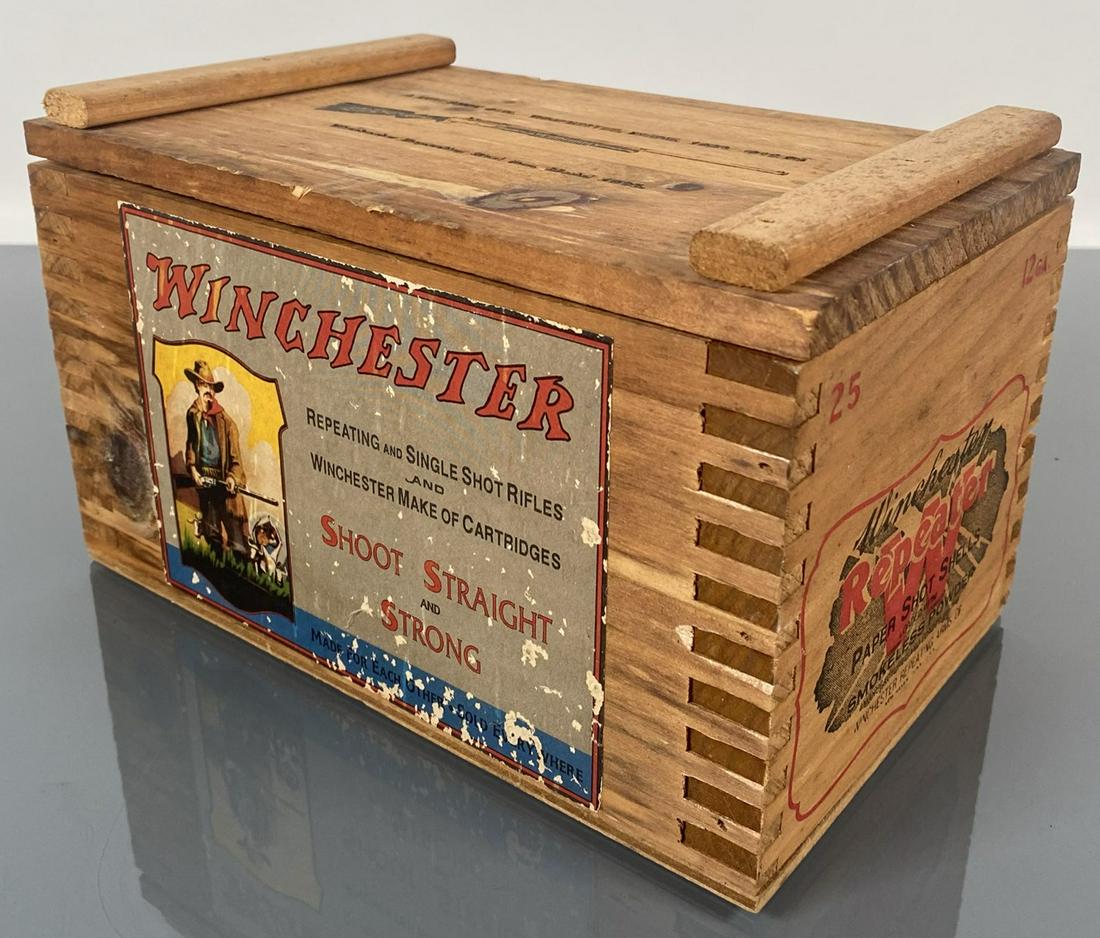 WINCHESTER AMMUNITION CRATE: 12 GA. CASE, APPLIED PAPER GRAPHIC, EMBOSSED. 10"X6"X6"
