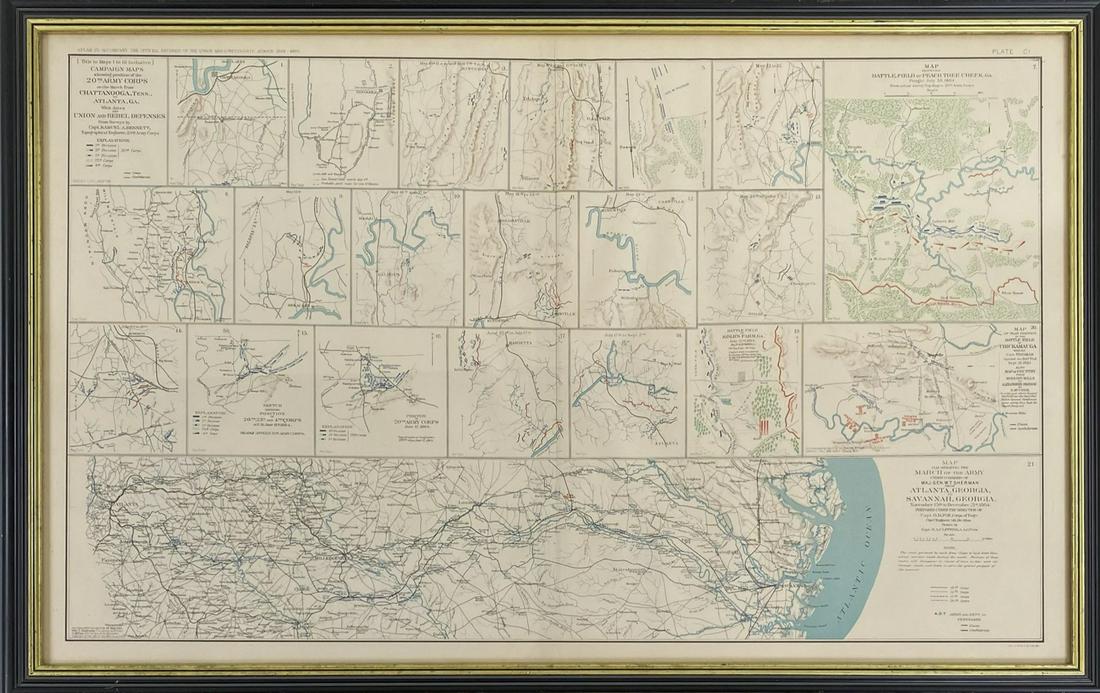 CIVIL WAR BATTLES MAP 1864: C1 PLATE FROM THE "OFFICIAL RECORDS OF THE UNION & CONFEDERATE ARMY", RELEASED IN 1895. 20 INDIVIDUAL BATTLE MAPS OF THE 20TH ARMY CORP, 1864, INCLUDING SHERMAN'S MARCH TO THE SEA. FRAMED. FAINTED CEN