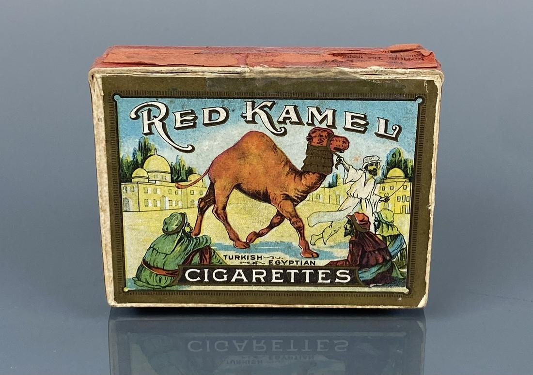 1920’s Red Camel Cigarettes packet RJ Reynolds Tobacco: Red Kamel Turkish Egyptian Cigarettes empty packet from Factory 25, Virginia, once holding 10 cigarettes. 1920’s RJ Reynolds Tobacco Co. brand.