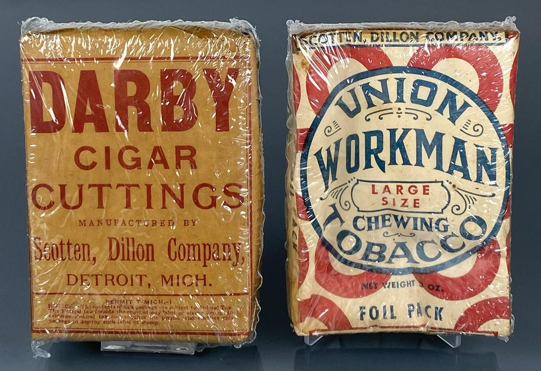 Darby + Union Workman unopened tobacco packs: Darby Cigar Cuttings and Union Workman Chewing unopened tobacco packs from the Scotten Dillon Tobacco Co. Darby 1-3/4 ounce, no date no zip code. Union Workman 3 ounce, no date no zip code. Both packs