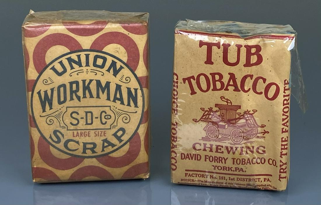 Union Workman + Tub tobacco unopened packs: Union Workman Scrap and Tub Chewing tobacco unopened packs. Union Workman 3 ounce pack, 1926 stamp, Scotten Dillon Tobacco Co. Tub 1-3/4 ounce, Series 119 stamped 1949, David Forry Tobacco Factory 151