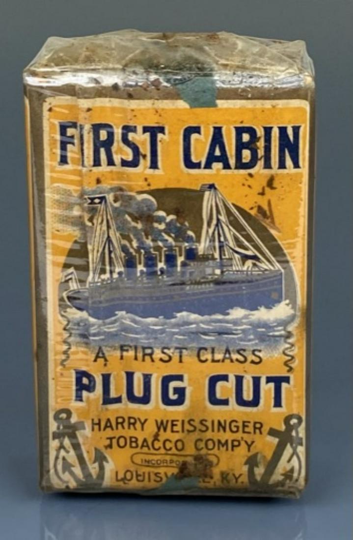 First Cabin Tobacco 1902 unopened pack: First Cabin Plug Cut Tobacco unopened pack with Series of 1902 stamp. 1-2/3 ounce size, Harry Weissinger Tobacco Co. Louisville, KY.