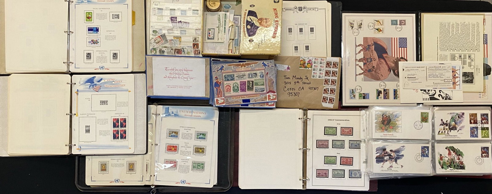 DISCOVERY POSTAGE STAMP COLLECTION: 30 POUNDS. OLYMPIC, 50 YEARS AIRMAIL, LOOSE, HERITAGE, UNCLE SAM, ISRAEL, STOCK BOOK, U.N. SOME PARTIAL.