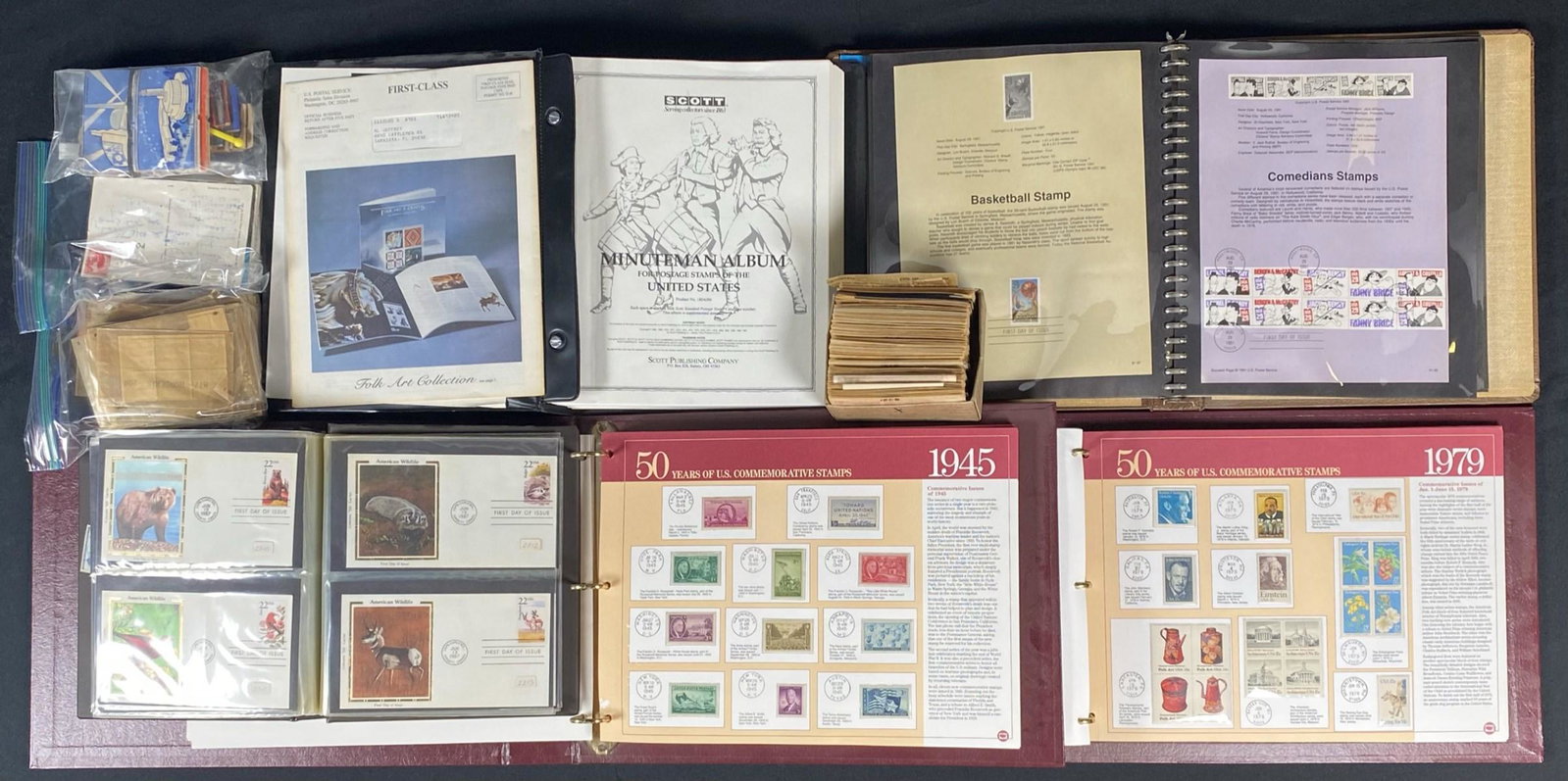 DISCOVERY POSTAGE STAMP COLLECTION: 27 POUNDS. MARVELS OF THE MAIL, U.S. MINT SHEET FILE, SCRAP BOOK, U.S. OLYMPIC, AMERICAN COMMEMORATIVE, MINUTEMAN, U.S. COMMEMORATIVE, POSTCARDS, WORLD STAMPS. SOME PARTIAL.