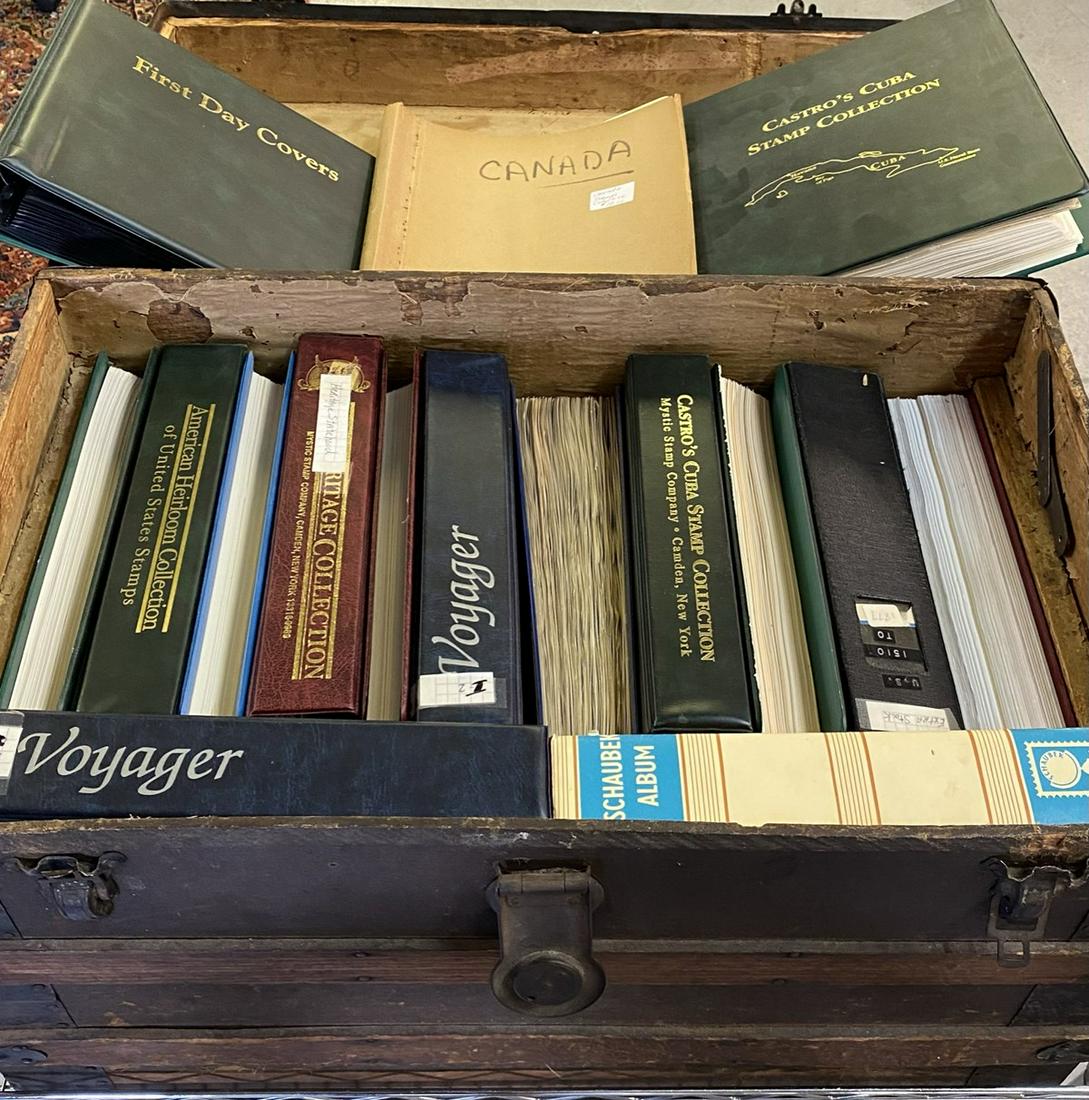 DISCOVERY POSTAGE STAMP COLLECTION: 50 POUNDS. ESTATE DISCOVERY TRUNK LOADED WITH ITEMS. CANADIAN, VOYAGER, NORTH KOREA, CASTRO'S CUBA, STATESMAN, CANADA AND PROVINCES, U.S. FDC, U.N., AMERICAN HEIRLOOM, HERITAGE. SOME PARTIAL.