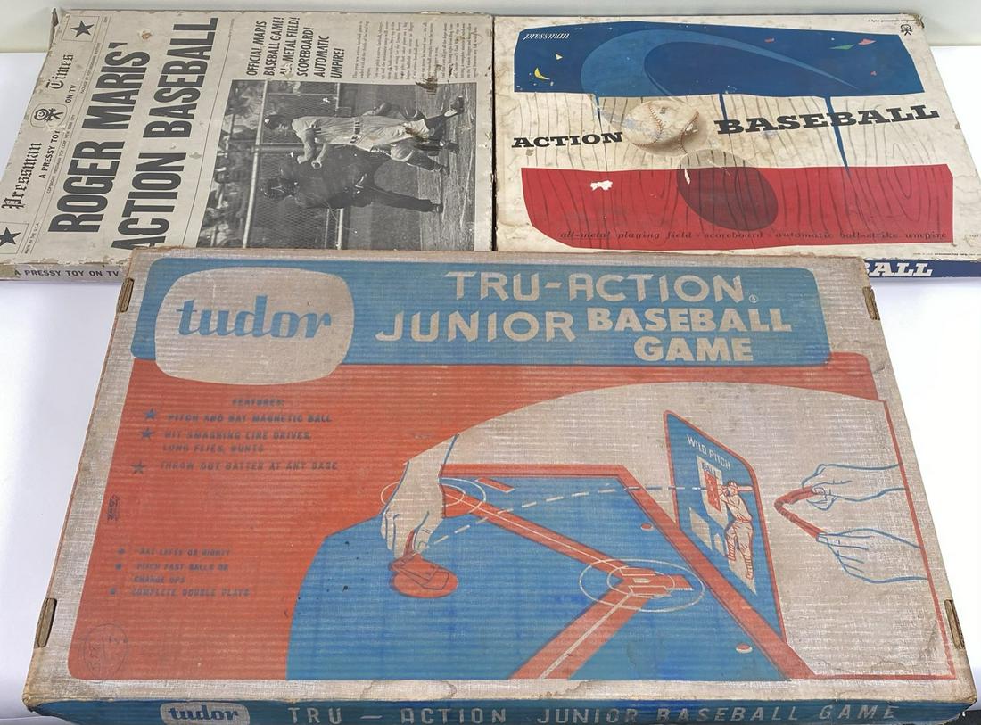 TRIO OF VINTAGE BASEBALL ACTION GAMES: ACTION BASEBALL, ROGER MARIS BASEBALL, TRU-ACTION. ALL WITH BOX WEAR.