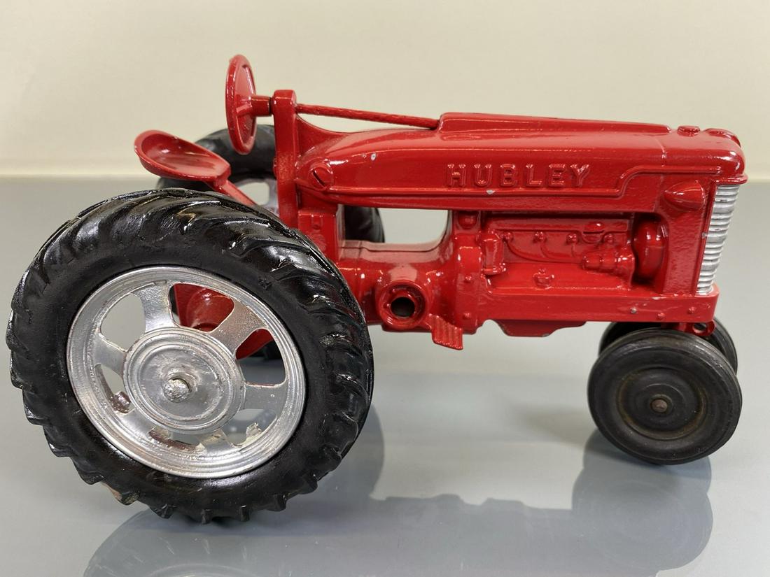 HUBLEY FARM TRACTOR: RESTORED. BRIGHT RED WITH SILVER TRIM. 9"