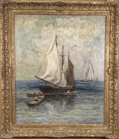 PAUL BERNARD KING (AMERICAN, 1867-1947) PAINTING: "HOMEWARD BOUND" ORIGINAL OIL ON CANVAS PAINTING SIGNED BY PAUL KING DEPICTING SAILBOATS AT CENTER. CRAQUELURE CONSISTENT WITH AGE. FRAMED, 31"X36"