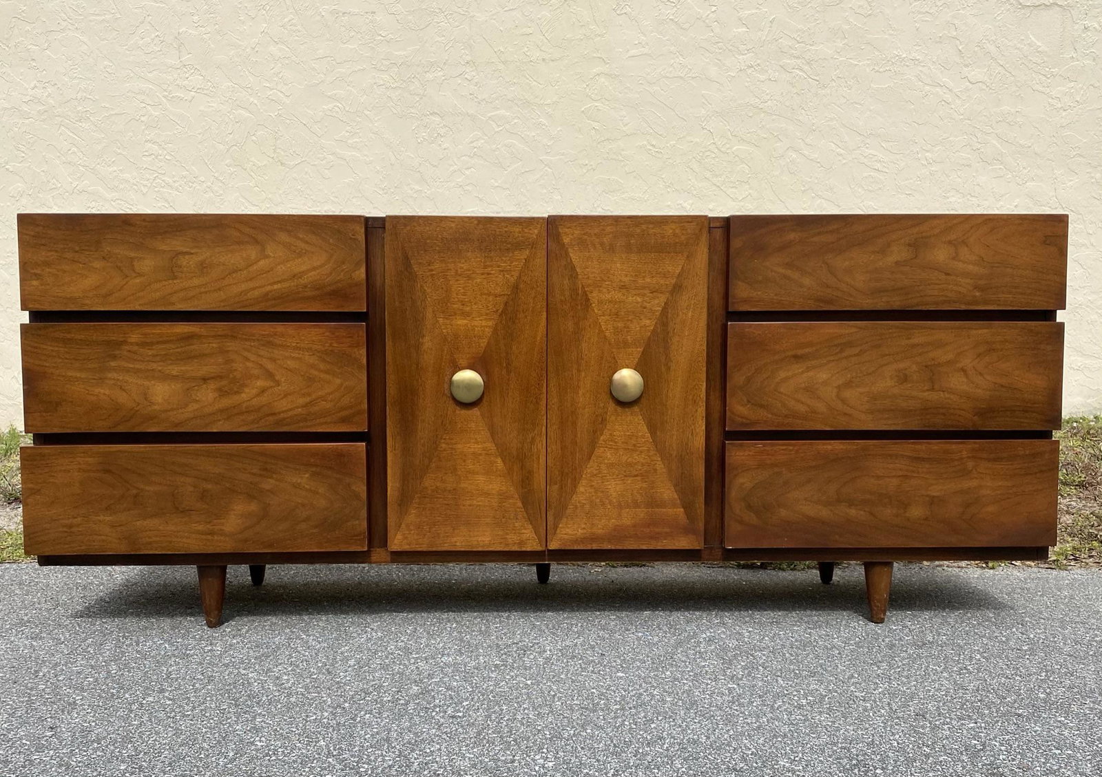 AMERICAN OF MARTINSVILLE CABINET: USE AS CREDENZA, SERVER OR DRESSER. GOOD VINTAGE CONDITION HAVING LARGE BRASS-TONED KNOBS, TAPERED LEGS. 76"X19"X31"