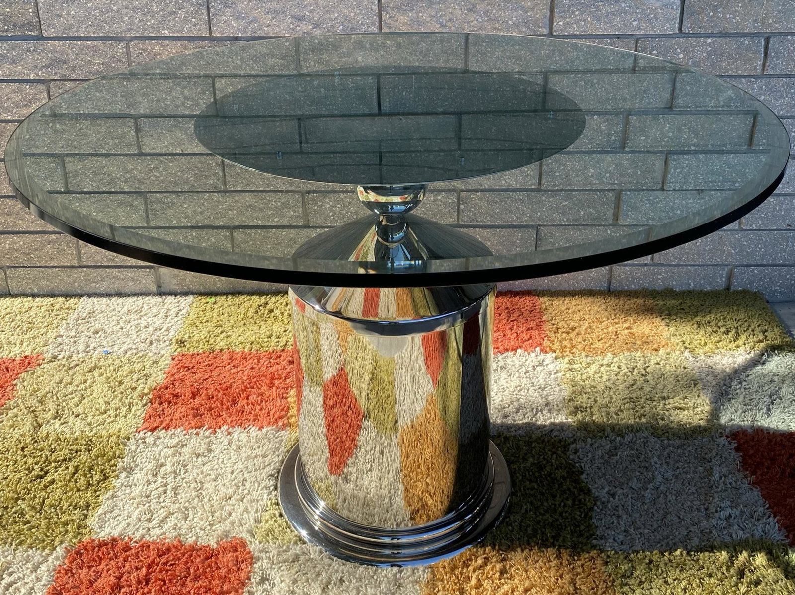 "GINGER" TABLE BASE BY J. WADE BEAM FOR BRUETON: HEAVY CONSTRUCTION POLISHED CHROME CAN BE USED AS PEDESTAL OR TABLE BASE. GLASS IN PHOTO NOT INCLUDED WITH SALE. 29"H