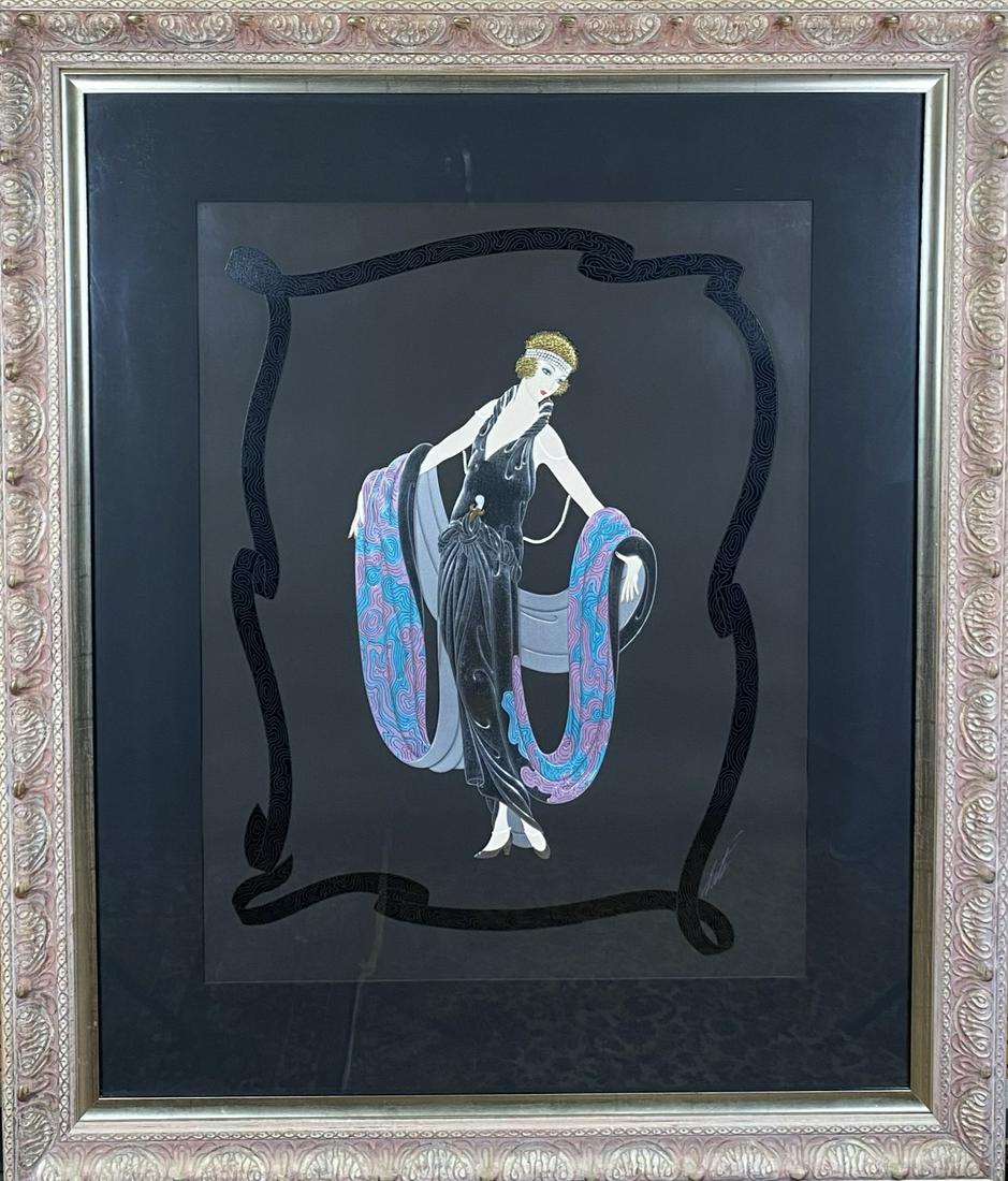 ROMAIN DE TIEROTOFF ERTE (FRENCH, 20TH C.) SERIGRAPH: SERIGRAPH WITH SILVER PAPER AND GOLD EMBOSSING, SIGNED IN WHITE CHALK. "WOMAN WITH DRAPED ROBE", EDITION 175/300. FRAMED, 41"X49"