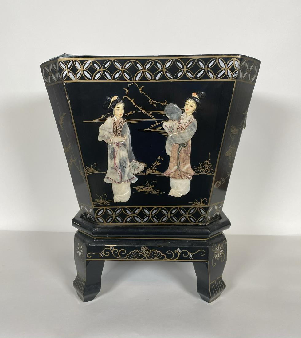 CHINESE WASTEBASKET: CARVED WOOD, FIGURAL APPLIQUES, METAL LINED. 16"