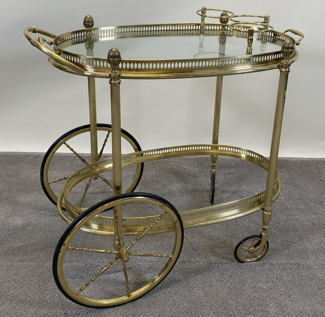 BRASS AND GLASS ROLLING TEA CART SERVER: MISSING LOWER GLASS