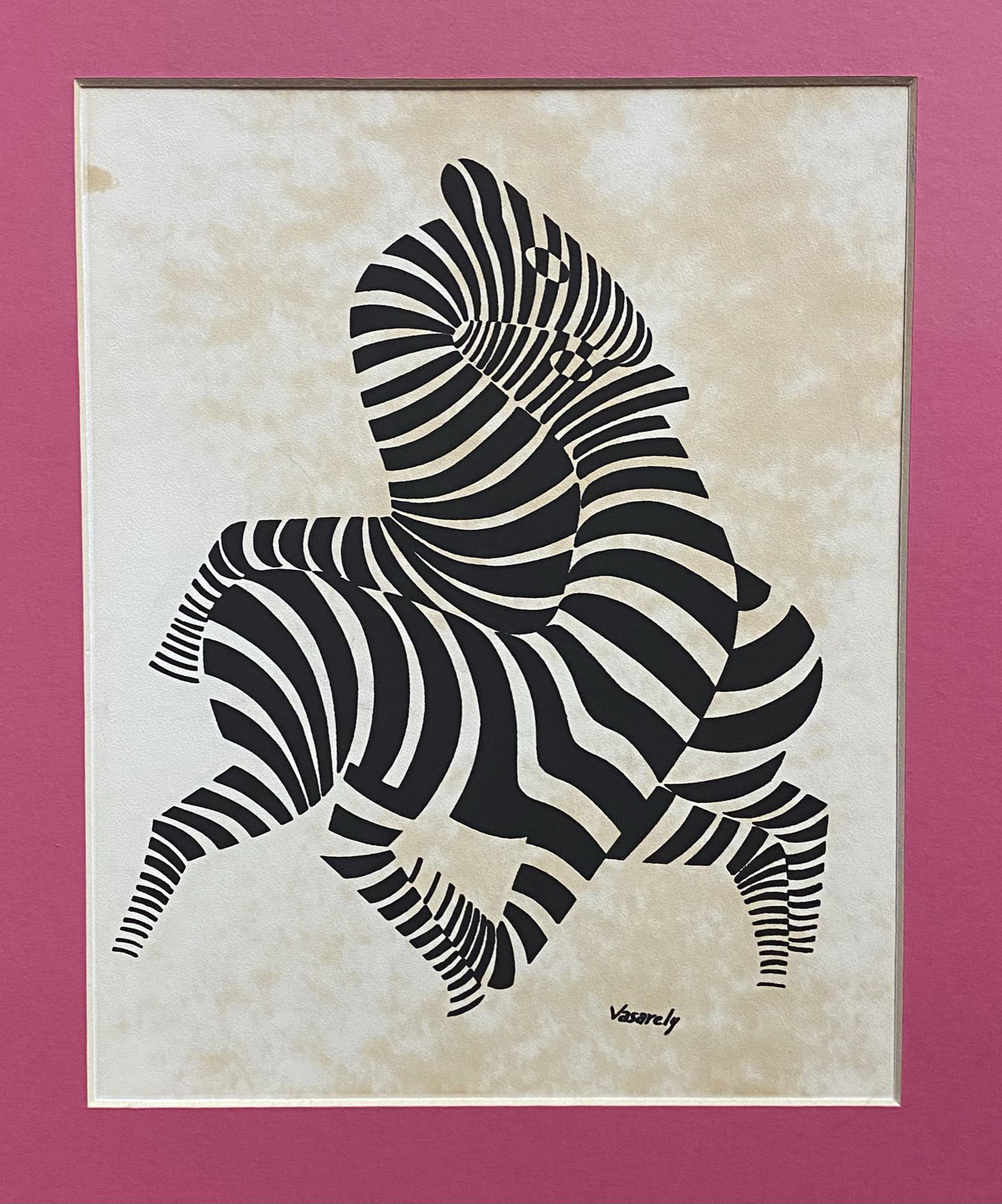 VICTOR VASARELY ZEBRA PRINT: FOXING TO IMAGE AREA, FRAMED, 12.5"X16"