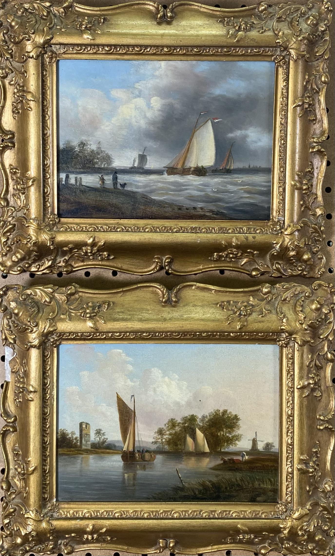 PAIR - DUTCH SCHOOL DIMINUTIVE LANDSCAPE PAINTINGS: GILT FRAMED, 12"X9"
