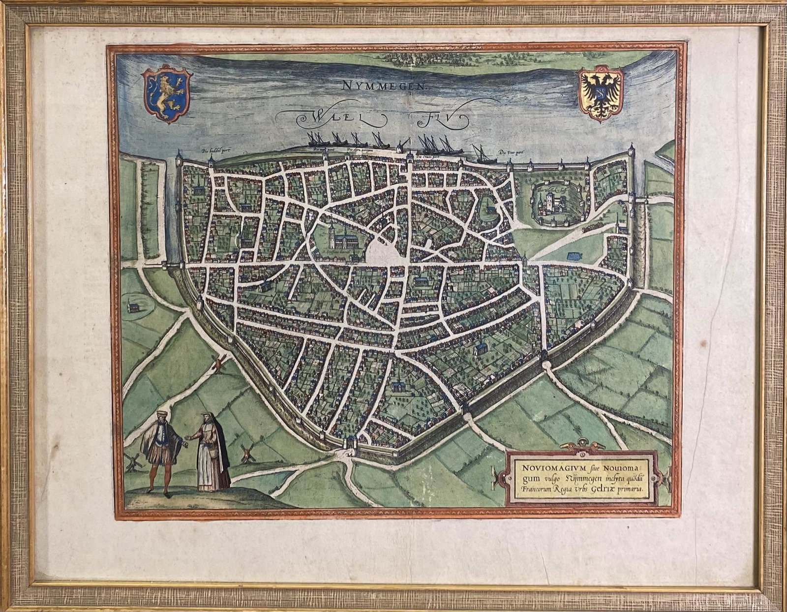 MEDIEVAL MAP OF NOVIOMAGIUM NJIMMEGEN: ENGRAVERS: BRAUN & HOGENBERG. C.1581/ FRAMED, DOUBLE SIDED GLASS, 17"X21"