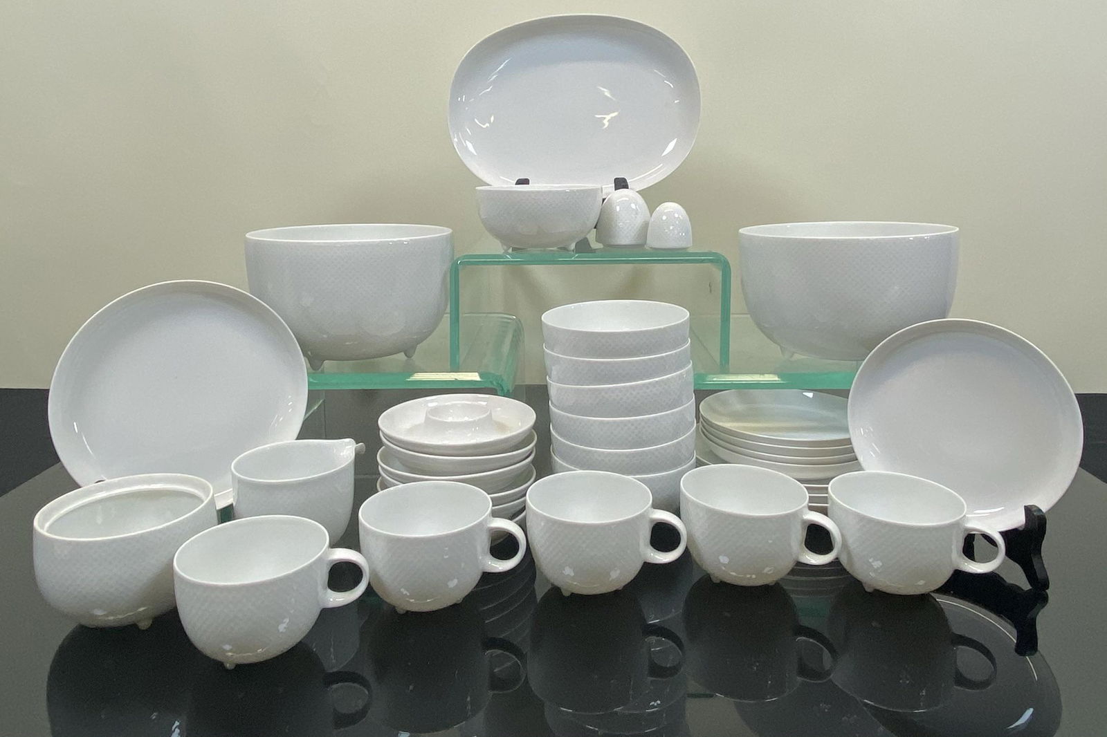 JAHRE ROSENTHAL - STUDIO LINIE DINNERWARE: TAPIO WIRKKALA, 100TH ANNIVERSARY, 34 PIECES, 4.25" small footed bowl x 7, 6.5" bowl x 2, 3" tea cups x 5, 5.5" small plates x 5, 6.5" small plates x 4, 4.5" egg cups x 6, salt shaker x 1, pepper shak