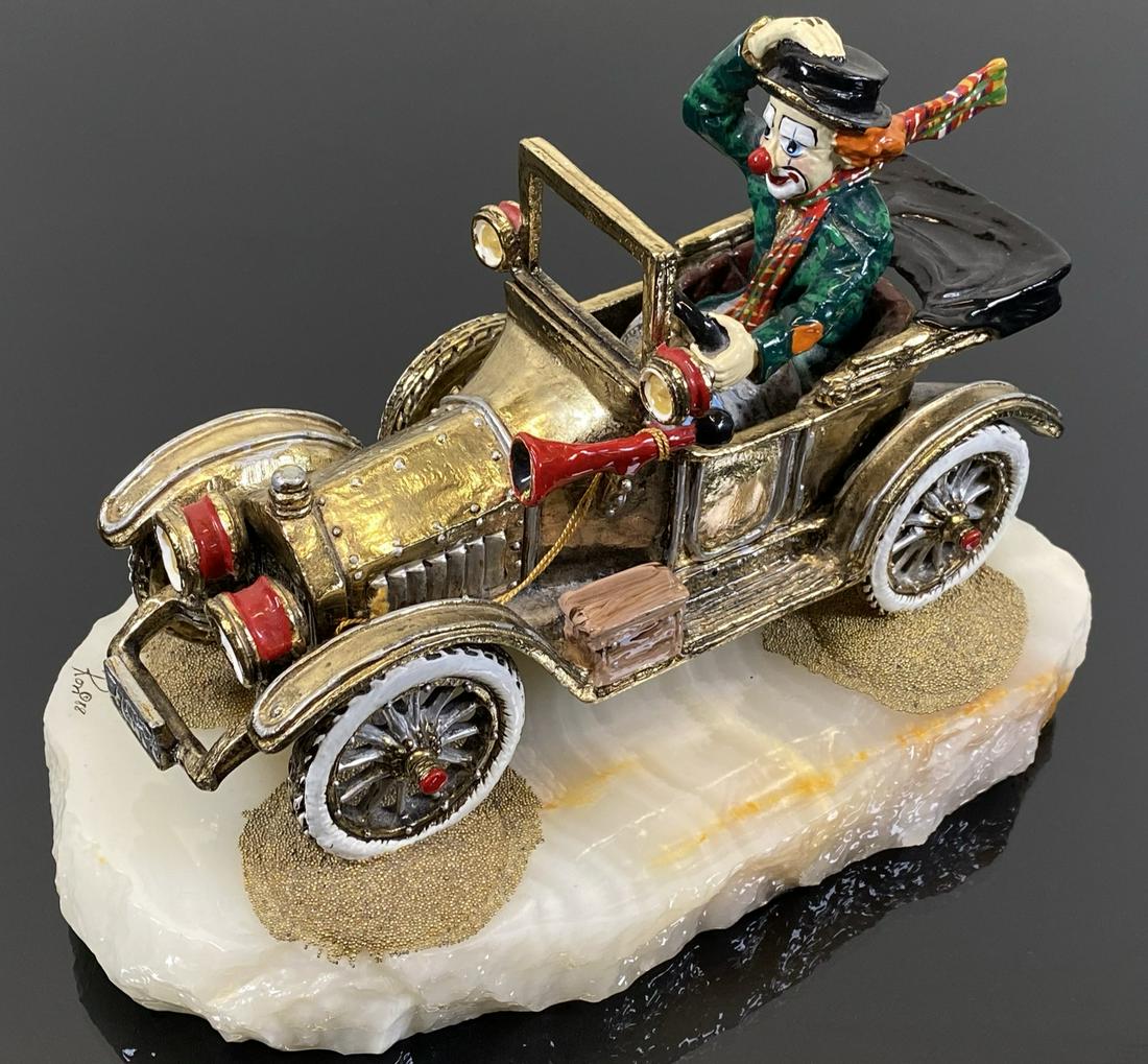RON LEE SCULPTURE: COMPOSITION CLOWN IN JALOPY. SIGNED. 6"X10"X3.5"