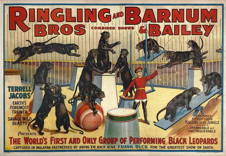 RINGLING BROS. BARNUM & BAILEY CIRCUS POSTER: ONE SHEET, STROBRIDGE LITHO CO., 1938. FEATURING TERRELL JACOBS, THE WORLDS FIRST AND ONLY GROUP OF PERFORMING BLACK LEOPARDS. PROFESSIONALLY LINEN-BACKED, CONSERVED, BRILLIANT COLORS. IMAGE