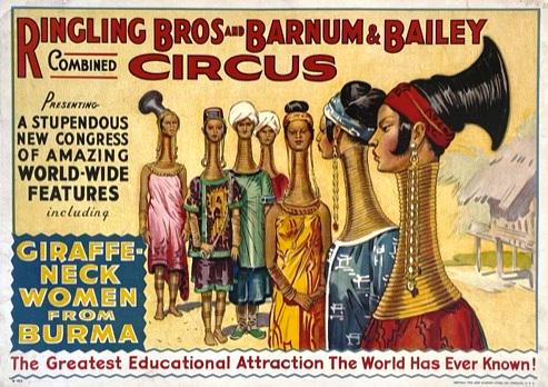 RINGLING BROS. BARNUM & BAILEY CIRCUS POSTER: HALF SHEET, CENTRAL PRINTING, 1933. DEPICTING A STUPENDOUS NEW CONGRESS OF AMAZING WORLD-WIDE FEATURINGS INCLUDING GIRAFFE-NECK WOMEN OF BURMA, THE GREATEST EDUCATIONAL ATTRACTION THE WORLD HAS EVER K