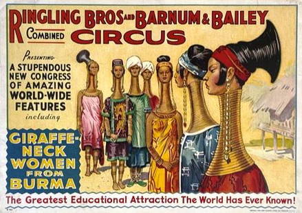 RINGLING BROS. BARNUM & BAILEY CIRCUS POSTER: HALF SHEET, CENTRAL PRINTING, 1933. DEPICTING A STUPENDOUS NEW CONGRESS OF AMAZING WORLD-WIDE FEATURINGS INCLUDING GIRAFFE-NECK WOMEN OF BURMA, THE GREATEST EDUCATIONAL ATTRACTION THE WORLD HAS EVER