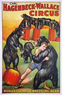 HAGENBECK-WALLACE CIRCUS POSTER: ONE SHEET, ERIE LITHO & PRINTING, 1930'S. WORLD'S CHAMPION WRESTLING BEAR. PROFESSIONALLY LINEN-BACKED, CONSERVED, BRILLIANT COLORS. IMAGE 27"X41"