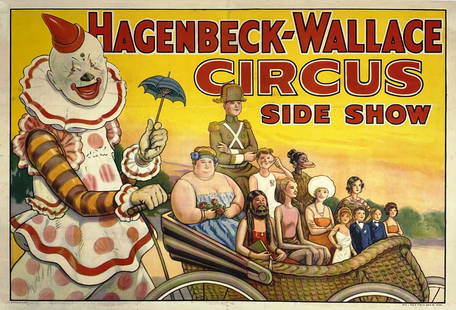 HAGENBECK-WALLACE CIRCUS SIDESHOW POSTER: ONE SHEET, ERIE LITHO & PRINTING, 1930'S. FEATURING ALL OF THE SIDESHOW ACTS. PROFESSIONALLY LINEN-BACKED, CONSERVED. IMAGE 28"X41"