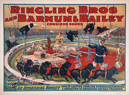 RINGLING BROS. BARNUM & BAILEY CIRCUS POSTER: HALF SHEET, STROBRIDGE LITHO CO., 1930'S. BEAUTIFUL LITHOGRAPH DEPICTING LOYAL'S LEAPING JUGGLING SOMERSAULTING DOGS - A SENSATION IN ADVANCED ANIMAL TRAINING. PROFESSIONALLY LINEN-BACKED,