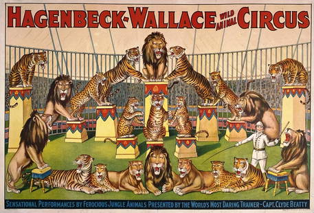 HAGENBECK-WALLACE CIRCUS POSTER - CLYDE BEATTY: ONE SHEET, ERIE LITHO, 1930'S. SENSATIONAL PERFORMANCES BY FEROCIOUS JUNGLE ANIMALS PRESENTED BY THE WORLD'S MOST DARING TRAINER - CAPT. CLYDE BEATTY. PROFESSIONALLY LINEN-BACKED, CONSERVED,