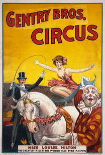 GENTRY BROS. CIRCUS POSTER - LOUISE HILTON: ONE SHEET, NATIONAL PRINTING, 1930'S. FEATURING MISS LOUISE HILTON, THE GREATEST RIDER THE WORLD HAS EVER KNOWN. IMAGE 27.5"X41"