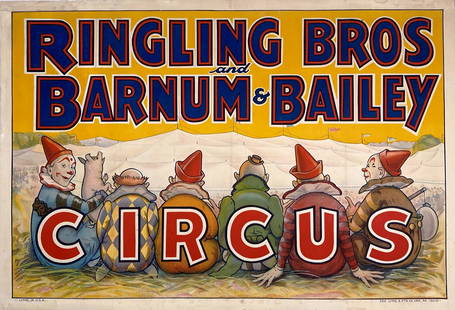 RINGLING BROS. BARNUM & BAILEY CIRCUS POSTER: ONE SHEET, ERIE LITHO & PRINTING, 1933. FEATURING CLOWNS OVERLOOKING CIRCUS TENT. PROFESSIONALLY LINEN-BACKED, CONSERVED, BRILLIANT COLORS. IMAGE 28"X41.5"